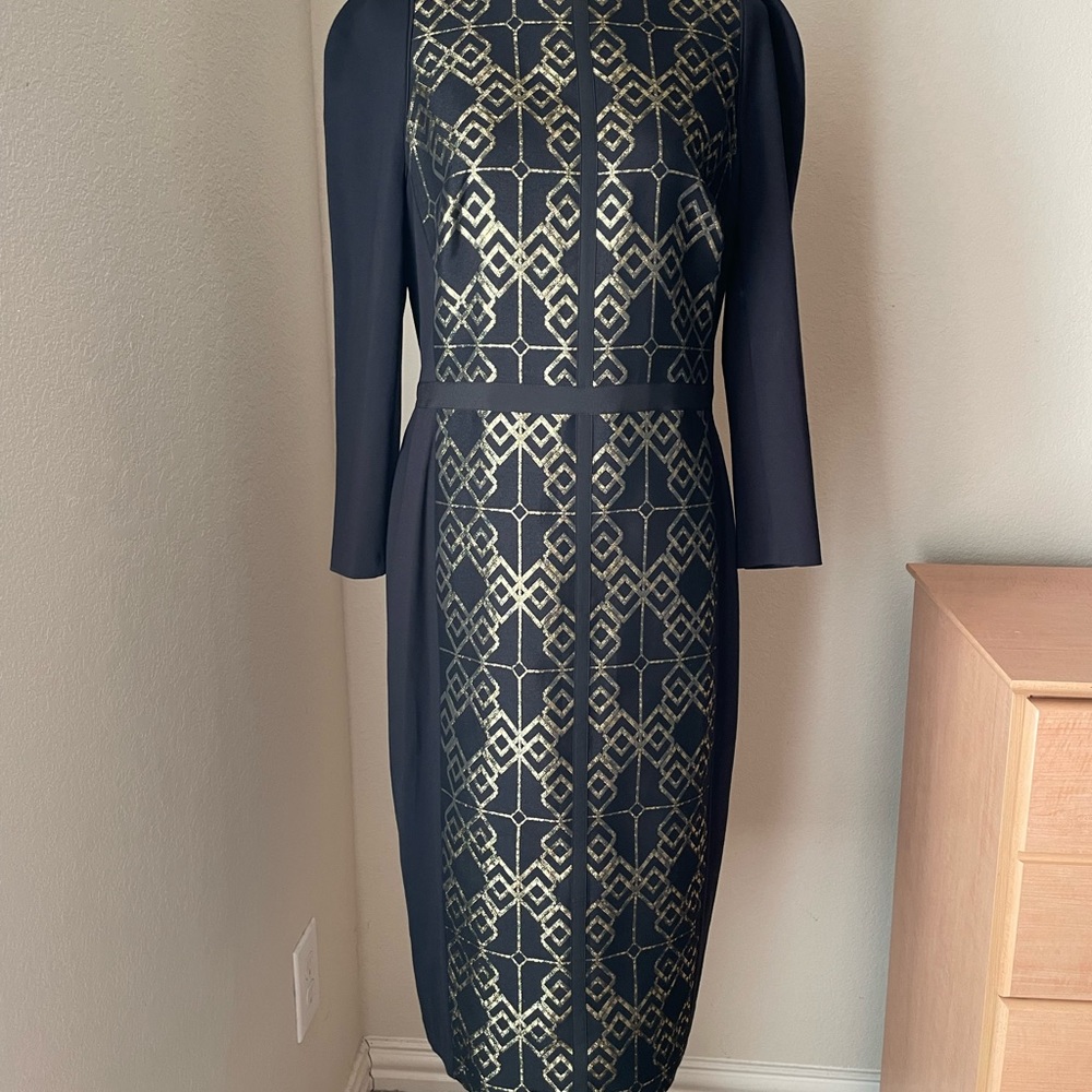 Ted Baker Mikah Metallic Panel Sheath Dress In Black and Gold Size 4 (US 10)